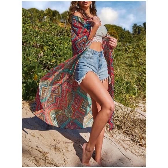 Other - Boho Tribal Red Geometric Long Kimono 3/4 Sleeve